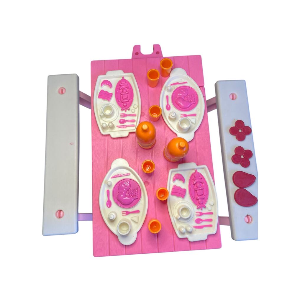 1991 Arco Mattel Barbie Doll Backyard Cookout Storage Picnic Table and Food Pink